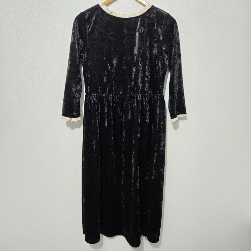 Flamingo Urban Womens Black Velvet Dress Sz M Lace Vintage Goth Wednesday Addams